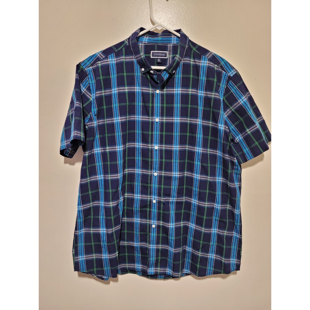 Club Room Plaid Button Down Mens XXL Blue Green Short Sleeve Shirt